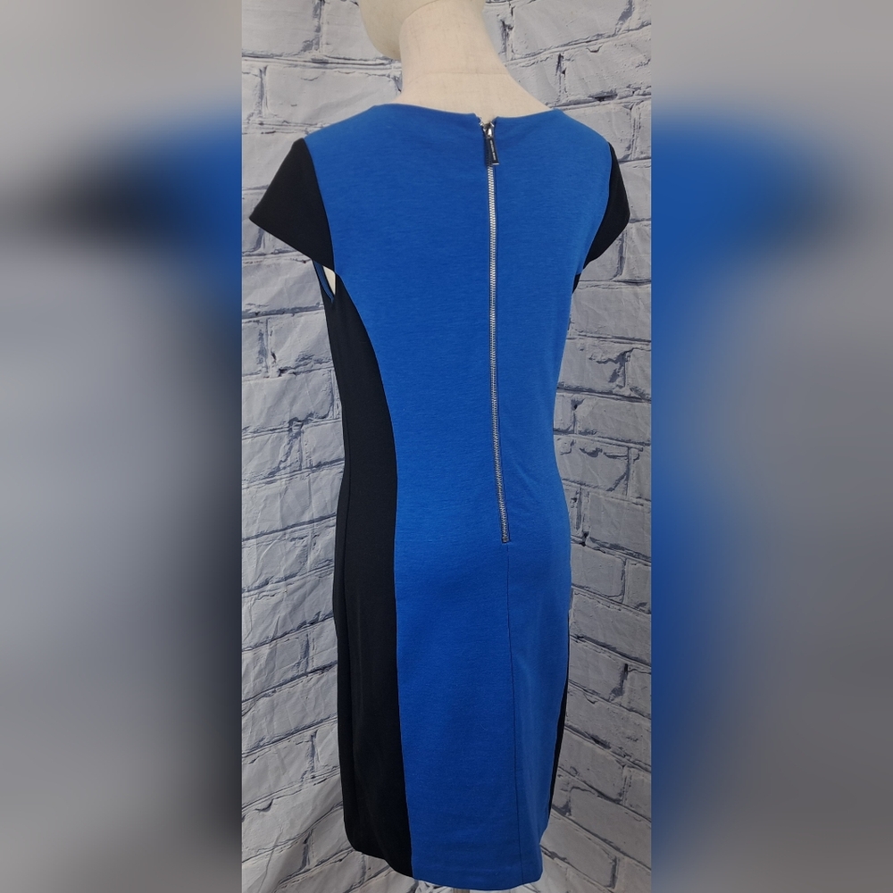 Michael Kors Cap Sleeve V-Neck Sheath Dress Midi Black and Blue Poly Rayon 2 US - Picture 10 of 16